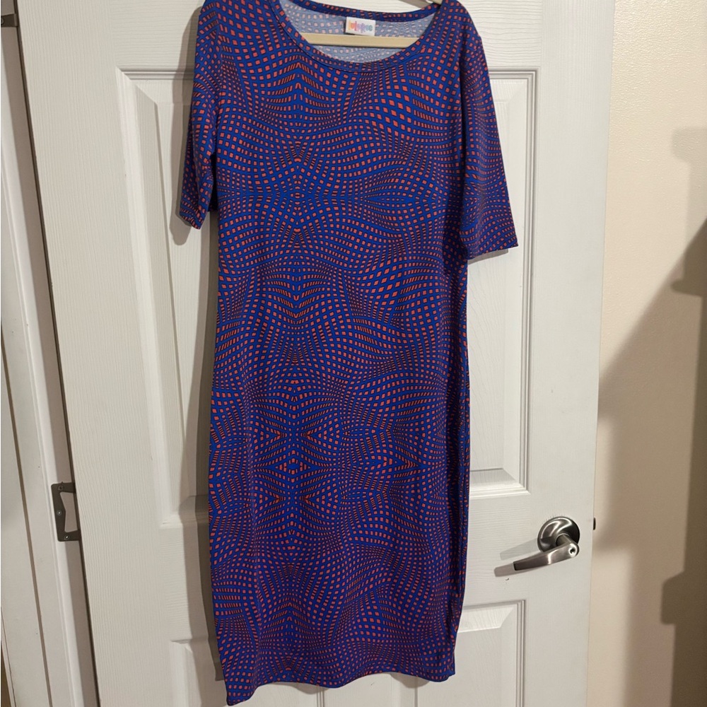 Stretchy LuLaRoe Vibrant Blue and Pink Midi Dress